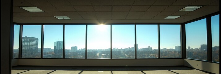 Expansive city landscape view from an office window