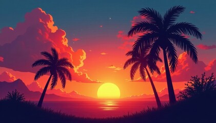 Fototapeta premium Fiery sunset paints sky, palm trees silhouetted against vibrant colors, waves, rays