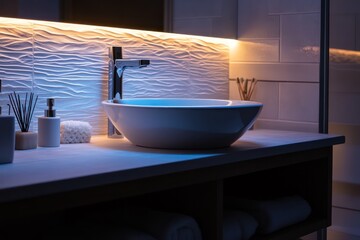 A practical bathroom with efficient storage solutions under the sink, textured tiles, and soft lighting