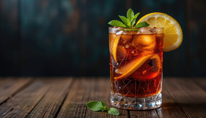Refreshing Cuba Libre Cocktail with Lemon and Mint on Wooden Surface