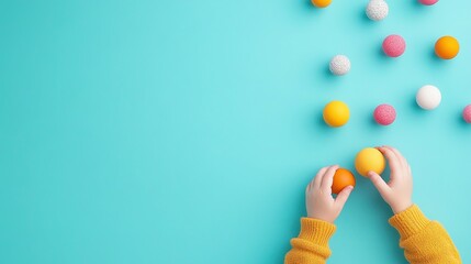 Fototapeta premium Child holding colorful eggs on a vibrant blue surface
