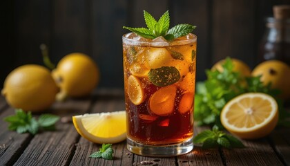 Fototapeta premium Refreshing Iced Tea with Lemon and Mint on a Wooden Surface