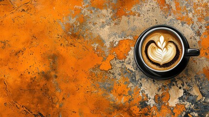 Latte art in black cup on orange textured background.