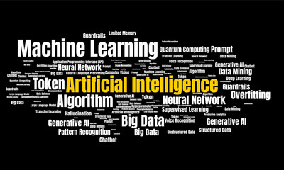 Artificial Intelligence word cloud template concept. Collage made of words about AI. Vector illustration background.