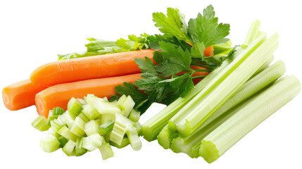 Fresh celery stalks, chopped celery and carrots with parsley on transparent background