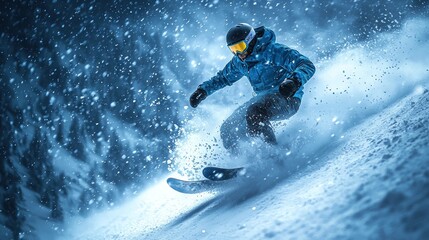 Naklejka premium A snowboarder carves down a snowy slope in the wintery conditions