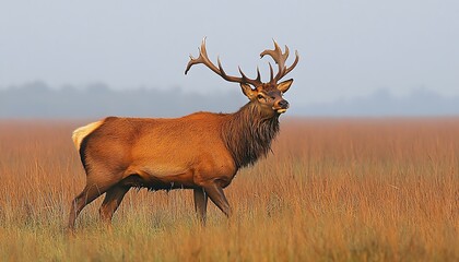Elk walks in a field, overcast sky in background