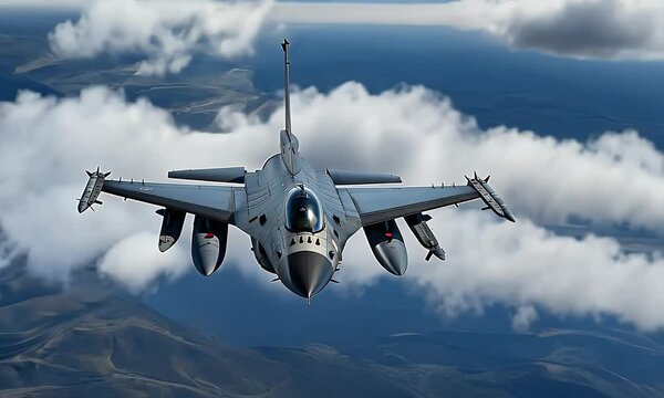 Fighter jet soaring above clouds and mountains; aerial combat training; military aviation; stock photo for defense industry
