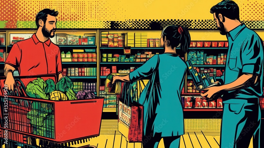 Poster Grocery shopping in a vibrant comic style with individuals selecting items and filling their virtual carts in a dynamic layout