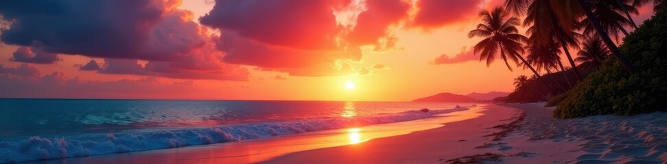 Obraz premium Fiery sunset sky reflects on sandy beach, palm trees silhouetted , coast, sand