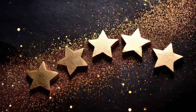 ランキング格付けの星を表す、黒と金箔の背景に金色の5つ星マーク。AIで生成