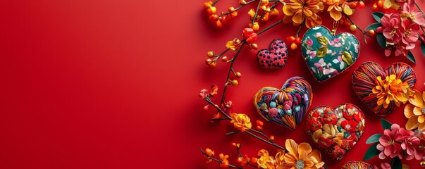 Vibrant heart shaped decorations scattered on a rich red background for festive occasions