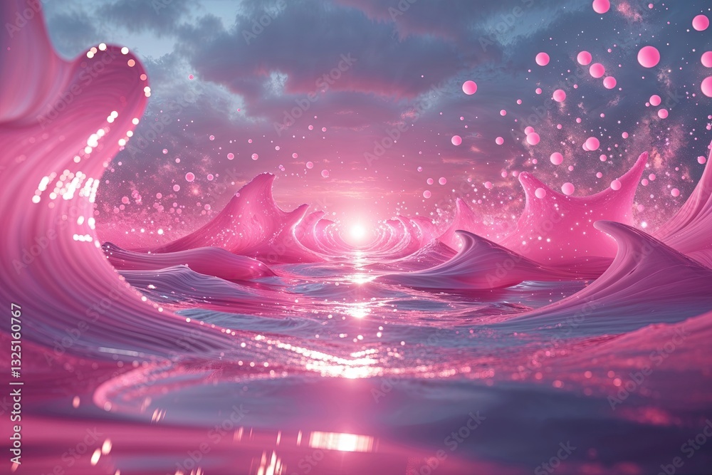 Wall mural surreal fluid dynamics in three dimensional pink horizon with dynamic lighting and flickering partic