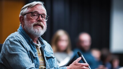 Elderly man engages in conversation at community meeting discussing local issues in a well-lit hall during evening hours