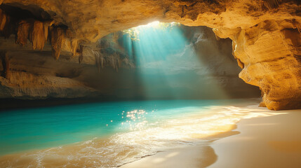 Sunlight streams into a tranquil coastal cave revealing crystal-clear waters and golden sands in an enchanting coastal location