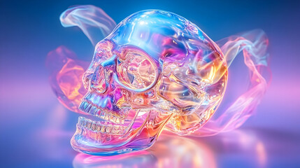 Holographic, iridescent skull, ethereal, vibrant colors, smoke, surreal, 3D model