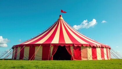 Giant striped circus tent against a vibrant blue sky , big top, spectacle