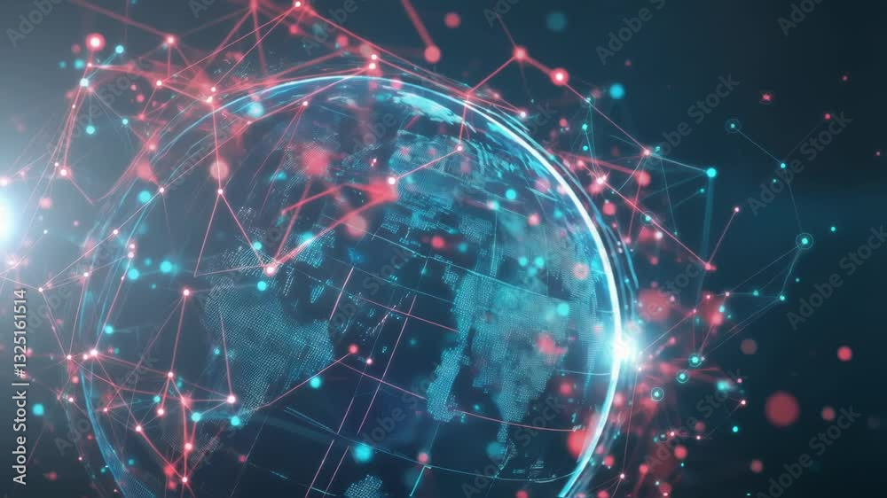 Poster digital globe rotating slowly, showcasing complex network connections and data flow, visualized by i