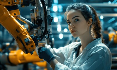 Factory female Engineer in an Industrial Automated Assembly Plant.