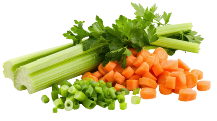 Fresh chopped carrots, celery stalks, chopped onions and parsley on transparent background
