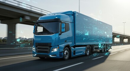 Futuristic blue truck on highway with digital graphics illustrating advanced technology