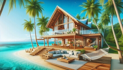 Depict a tropical beachfront house with open-concept living spaces, large wooden decks, palm trees, a hammock, and a breathtaking view of crystal-clear turquoise waters under a bright blue sky