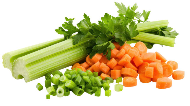 Fresh chopped carrots, celery stalks, chopped onions and parsley on transparent background
