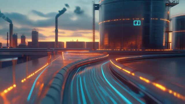 Glowing pipelines transporting oil or gas in an automated futuristic petrochemical plant at sunset, showcasing innovative manufacturing processes