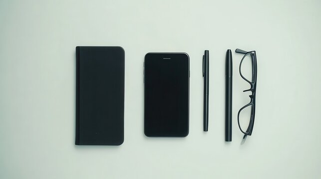 Items arranged on a desk for productivity, including a smartphone, notebook, pen, glasses, and a small container, during afternoon light