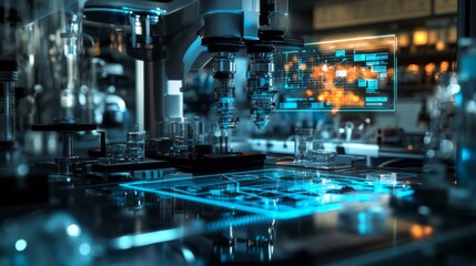 Futuristic Robotic Arm with Glowing Blue Digital Interface in Industrial Setting