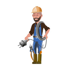 Cartoon electrician with electrical cable, screwdriver and pliers.
