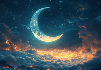 Luminous Crescent Moon Over Golden Clouds in a Starry Sky

