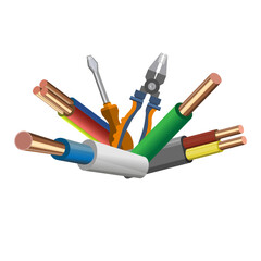 Set of electric cables and wires with electrician tools.
