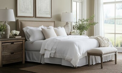 Fototapeta premium Cozy bedroom interior with bed, window, and decorative elements.