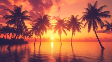 Silhouette of Palm Trees at Sunset Over Calm Ocean