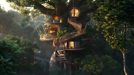 Naklejka premium Elaborate multi-level treehouse wrapped around a massive tree in a serene forest