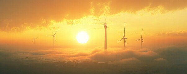 Wind turbines generate renewable energy at sunrise in a misty landscape
