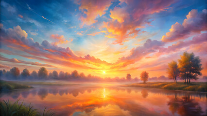 Obraz premium serene landscape painting featuring vibrant sunset over calm river, with soft pastel hues