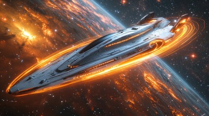 Futuristic spaceship traveling through hyperspace near a celestial body