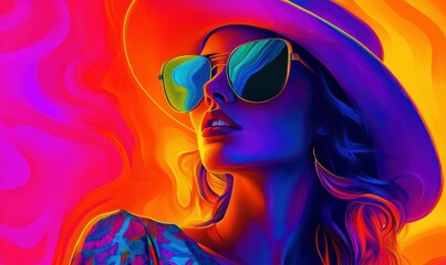 Naklejka premium Woman with a hat and sunglasses is standing in front of a neon background. The image has a vibrant and energetic feel to it, with the woman's outfit and accessories adding to the overall mood
