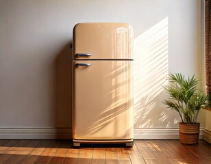 trendy retro style fridge in a minimal kitchen with white walls