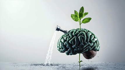 Nurturing Growth Green Brain Watered By A Faucet With A Plant Growing From It On A Gray Textured Surface In A Brightly Lit Setting