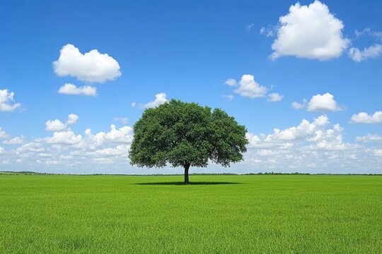 Solitary tree in a vast green field under a clear blue sky