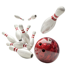 A 3D bowling sphere strikes ten pins in a fun vector sport illustration