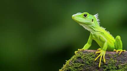 Fototapeta premium A Bright Green Lizard Perched On A Mossy Wood Branch