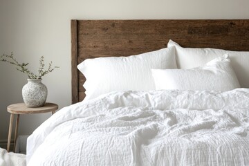 A serene bedroom with white bedding, a rustic wooden headboard, and a small side table with a ceramic vase