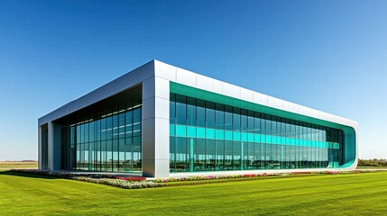 Obraz premium A sleek building with a vibrant teal and silver exterior, large glass windows framing the open interior