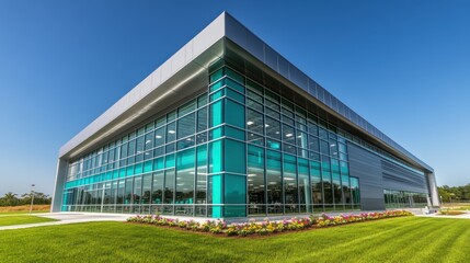 Fototapeta premium A sleek building with a vibrant teal and silver exterior, large glass windows framing the open interior