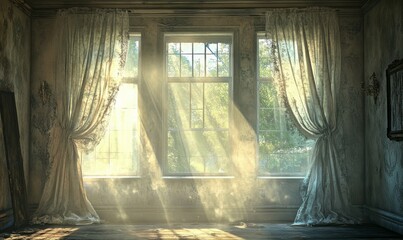 Soft sunbeams peeking through dusty curtains, filtered light, layered window treatments