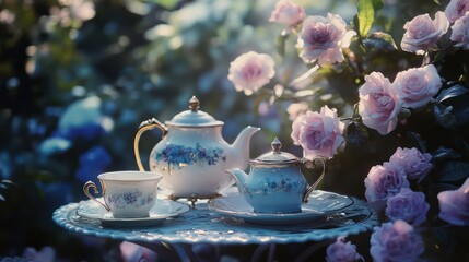 Fototapeta premium A delightful garden scene featuring tea and blooming roses blossoms